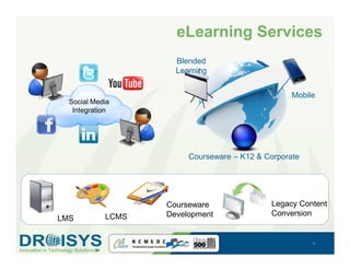 eLearning Services
                     Blended
                     Learning


                                                  Mobile
  Social Media
   Integration




                        Courseware – K12 & Corporate




                   Courseware               Legacy Content
            LCMS   Development              Conversion
LMS


                                                       4
 