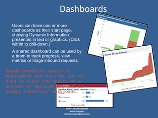 Dashboards
• Users can have one or more

dashboards as their start page,
showing Dynamic Information
presented in text or graphics. (Click
within to drill-down.)

• A shared dashboard can be used by
a team to track progress, view
metrics or triage inbound requests.

Benefit: Immediate access to
meaningful metrics that can be
used to track the health of a
project or application, and to
manage resources’ workloads.

JIRA Customization

Rajesh Prajapati
rajeshkprajapati@gmail.com

 