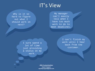 IT’s View
My manager
can’t easily
tell when I
have too much
work to do to
meet deadlines.

Why is it so
hard to figure
out what I
should work on
next?

I sure spend a
lot of time
just providing
a status on my
work.

JIRA Customization

Rajesh Prajapati
rajeshkprajapati@gmail.com

I can’t finish my
work until I hear
back from the
customer.

 