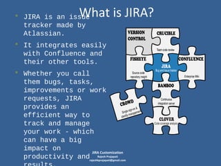 What is JIRA?

• JIRA is an issue
tracker made by
Atlassian.

• It integrates easily
with Confluence and
their other tools.

• Whether you call
them bugs, tasks,
improvements or work
requests, JIRA
provides an
efficient way to
track and manage
your work - which
can have a big
impact on
JIRA Customization
Rajesh Prajapati
productivity andrajeshkprajapati@gmail.com

 