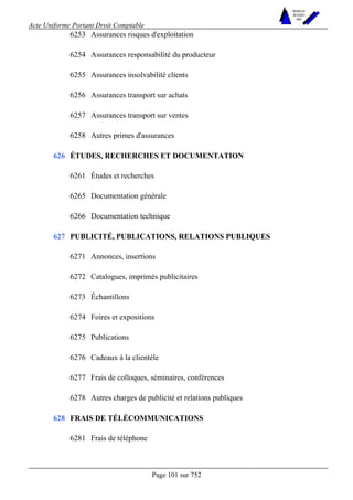Acte Uniforme Portant Droit Comptable 
Page 101 sur 752 
NOUVELLES 
METHODES 
SARL 
6253 Assurances risques d'exploitation 
6254 Assurances responsabilité du producteur 
6255 Assurances insolvabilité clients 
6256 Assurances transport sur achats 
6257 Assurances transport sur ventes 
6258 Autres primes d'assurances 
ÉTUDES, RECHERCHES ET DOCUMENTATION 
6261 Études et recherches 
6265 Documentation générale 
626 
6266 Documentation technique 
PUBLICITÉ, PUBLICATIONS, RELATIONS PUBLIQUES 
6271 Annonces, insertions 
6272 Catalogues, imprimés publicitaires 
6273 Échantillons 
6274 Foires et expositions 
6275 Publications 
6276 Cadeaux à la clientèle 
6277 Frais de colloques, séminaires, conférences 
627 
6278 Autres charges de publicité et relations publiques 
628 FRAIS DE TÉLÉCOMMUNICATIONS 
6281 Frais de téléphone 
 