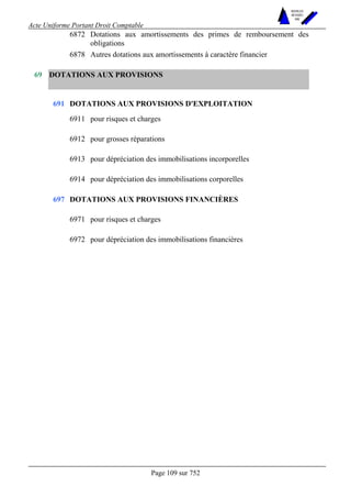 Acte Uniforme Portant Droit Comptable 
Page 109 sur 752 
NOUVELLES 
METHODES 
SARL 
6872 Dotations aux amortissements des primes de remboursement des 
obligations 
6878 Autres dotations aux amortissements à caractère financier 
DOTATIONS AUX PROVISIONS 
DOTATIONS AUX PROVISIONS D'EXPLOITATION 
6911 pour risques et charges 
6912 pour grosses réparations 
6913 pour dépréciation des immobilisations incorporelles 
691 
6914 pour dépréciation des immobilisations corporelles 
DOTATIONS AUX PROVISIONS FINANCIÈRES 
6971 pour risques et charges 
69 
697 
6972 pour dépréciation des immobilisations financières 
 