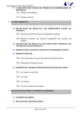 Acte Uniforme Portant Droit Comptable 
Page 114 sur 752 
NOUVELLES 
METHODES 
SARL 
VARIATIONS DES STOCKS DE PRODUITS INTERMÉDIAIRES ET 
RÉSIDUELS 
7371 Produits intermédiaires 
737 
7372 Produits résiduels 
AUTRES PRODUITS 
QUOTE-PART DE RÉSULTAT SUR OPÉRATIONS FAITES EN 
COMMUN 
7521 Quote-part transférée de pertes (comptabilité du gérant) 
752 
7525 Bénéfices attribués par transfert (comptabilité des associés non 
gérants) 
753 QUOTE-PART DE RÉSULTAT SUR EXÉCUTION PARTIELLE DE 
CONTRATS PLURI-EXERCICES 
754 PRODUITS DES CESSIONS COURANTES D'IMMOBILISATIONS 
PRODUITS DIVERS 
7581 Jetons de présence et autres rémunérations d'administrateurs 
758 
7582 Indemnités d’assurances reçues 
REPRISES DE CHARGES PROVISIONNÉES D'EXPLOITATION 
7591 sur risques à court terme 
7593 sur stocks 
7594 sur créances 
75 
759 
7598 sur autres charges provisionnées 
REVENUS FINANCIERS ET PRODUITS ASSIMILÉS 
771 INTÉRÊTS DE PRÊTS 
77 
772 REVENUS DE PARTICIPATIONS 
 