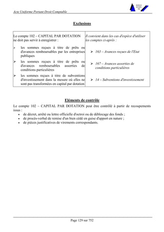 Acte Uniforme Portant Droit Comptable 
Page 129 sur 752 
NOUVELLES 
METHODES 
SARL 
Exclusions 
Le compte 102 – CAPITAL PAR DOTATION 
ne doit pas servir à enregistrer : 
Il convient dans les cas d'espèce d'utiliser 
les comptes ci-après : 
# les sommes reçues à titre de prêts ou 
d'avances remboursables par les entreprises 
publiques 
# 163 – Avances reçues de l'Etat 
# les sommes reçues à titre de prêts ou 
d'avances remboursables assorties de 
conditions particulières 
# 167 – Avances assorties de 
conditions particulières 
# les sommes reçues à titre de subventions 
d'investissement dans la mesure où elles ne 
sont pas transformées en capital par dotation 
# 14 – Subventions d'investissement 
Eléments de contrôle 
Le compte 102 – CAPITAL PAR DOTATION peut être contrôlé à partir de recoupements 
issus : 
• de décret, arrêté ou lettre officielle d'octroi ou de déblocage des fonds ; 
• de procès-verbal de remise d'un bien cédé en guise d'apport en nature ; 
• de pièces justificatives de virements correspondants. 
 