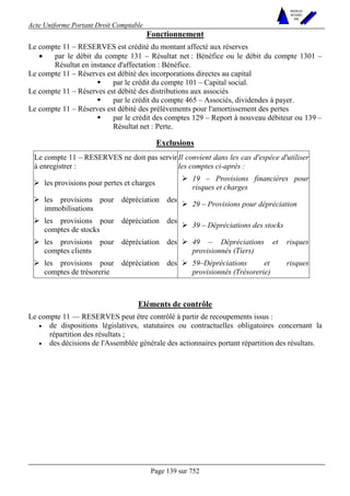 Acte Uniforme Portant Droit Comptable 
Page 139 sur 752 
NOUVELLES 
METHODES 
SARL 
Fonctionnement 
Le compte 11 – RESERVES est crédité du montant affecté aux réserves 
• par le débit du compte 131 – Résultat net : Bénéfice ou le débit du compte 1301 – 
Résultat en instance d'affectation : Bénéfice. 
Le compte 11 – Réserves est débité des incorporations directes au capital 
! par le crédit du compte 101 – Capital social. 
Le compte 11 – Réserves est débité des distributions aux associés 
! par le crédit du compte 465 – Associés, dividendes à payer. 
Le compte 11 – Réserves est débité des prélèvements pour l'amortissement des pertes 
! par le crédit des comptes 129 – Report à nouveau débiteur ou 139 – 
Résultat net : Perte. 
Exclusions 
Le compte 11 – RESERVES ne doit pas servir 
à enregistrer : 
Il convient dans les cas d'espèce d'utiliser 
les comptes ci-après : 
# les provisions pour pertes et charges # 19 – Provisions financières pour 
risques et charges 
# les provisions pour dépréciation des 
immobilisations # 29 – Provisions pour dépréciation 
# les provisions pour dépréciation des 
comptes de stocks # 39 – Dépréciations des stocks 
# les provisions pour dépréciation des 
comptes clients 
# 49 – Dépréciations et risques 
provisionnés (Tiers) 
# les provisions pour dépréciation des 
comptes de trésorerie 
# 59–Dépréciations et risques 
provisionnés (Trésorerie) 
Eléments de contrôle 
Le compte 11 — RESERVES peut être contrôlé à partir de recoupements issus : 
• de dispositions législatives, statutaires ou contractuelles obligatoires concernant la 
répartition des résultats ; 
• des décisions de l'Assemblée générale des actionnaires portant répartition des résultats. 
 