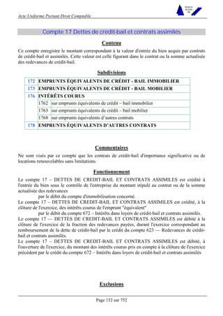 Acte Uniforme Portant Droit Comptable 
Page 152 sur 752 
NOUVELLES 
METHODES 
SARL 
Compte 17 Dettes de crédit-bail et contrats assimilés 
Contenu 
Ce compte enregistre le montant correspondant à la valeur d'entrée du bien acquis par contrats 
de crédit-bail et assimilés. Cette valeur est celle figurant dans le contrat ou la somme actualisée 
des redevances de crédit-bail. 
Subdivisions 
172 EMPRUNTS ÉQUIVALENTS DE CRÉDIT - BAIL IMMOBILIER 
173 EMPRUNTS ÉQUIVALENTS DE CRÉDIT - BAIL MOBILIER 
INTÉRÊTS COURUS 
1762 sur emprunts équivalents de crédit – bail immobilier 
1763 sur emprunts équivalents de crédit – bail mobilier 
176 
1768 sur emprunts équivalents d’autres contrats 
178 EMPRUNTS ÉQUIVALENTS D’AUTRES CONTRATS 
Commentaires 
Ne sont visés par ce compte que les contrats de crédit-bail d'importance significative ou de 
locations renouvelables sans limitations. 
Fonctionnement 
Le compte 17 – DETTES DE CREDIT-BAIL ET CONTRATS ASSIMILES est crédité à 
l'entrée du bien sous le contrôle de l'entreprise du montant stipulé au contrat ou de la somme 
actualisée des redevances 
par le débit du compte d'immobilisation concerné. 
Le compte 17 – DETTES DE CREDIT-BAIL ET CONTRATS ASSIMILES est crédité, à la 
clôture de l'exercice, des intérêts courus de l'emprunt "équivalent" 
par le débit du compte 672 – Intérêts dans loyers de crédit-bail et contrats assimilés. 
Le compte 17 — DETTES DE CREDIT-BAIL ET CONTRATS ASSIMILES est débité à la 
clôture de l'exercice de la fraction des redevances payées, durant l'exercice correspondant au 
remboursement de la dette de crédit-bail par le crédit du compte 623 — Redevances de crédit-bail 
et contrats assimilés. 
Le compte 17 – DETTES DE CREDIT-BAIL ET CONTRATS ASSIMILES est débité, à 
l'ouverture de l'exercice, du montant des intérêts courus pris en compte à la clôture de l'exercice 
précédent par le crédit du compte 672 – Intérêts dans loyers de crédit-bail et contrats assimilés 
Exclusions 
 