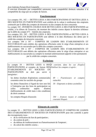 Acte Uniforme Portant Droit Comptable 
Page 155 sur 752 
NOUVELLES 
METHODES 
SARL 
Il convient d'entendre par comptabilité autonome, toute comptabilité distincte rattachée à la 
comptabilité du siège par un compte de liaison. 
Fonctionnement 
Les comptes 181, 182 — DETTES LIEES A DES PARTICIPATIONS ET DETTES LIEES A 
DES SOCIETES EN PARTICIPATION sont crédités de la valeur à rembourser des emprunts 
contractés par le débit des comptes de trésorerie ou des comptes de tiers concernés. 
Le compte 183 –INTERÊTS COURUS SUR DETTES LIEES A DES PARTICIPATIONS est 
crédité, à la clôture de l'exercice, du montant des intérêts courus depuis la dernière échéance 
par le débit du compte 671 – Intérêts des emprunts. 
Les comptes 181, 182 – DETTES LIEES A DES PARTICIPATIONS et DETTES LIEES A 
DES SOCIETES EN PARTICIPATION sont débités à la date d'échéance des dettes par le 
crédit des comptes de trésorerie concernés. 
Les comptes 184 à 187 – COMPTES DE LIAISON DES ETABLISSEMENTS ET 
SUCCURSALES sont crédités des opérations effectuées entre le siège d'une entreprise et ses 
établissements ou succursales par le débit des comptes concernés. 
Les comptes 184 à 187 – COMPTES DE LIAISON DES ETABLISSEMENTS ET 
SUCCURSALES sont débités des opérations effectuées entre le siège d'une entreprise et ses 
établissements ou succursales (y compris le montant antérieurement apporté à titre permanent) 
par le crédit des comptes concernés. 
Exclusions 
Le compte 18 – DETTES LIEES A DES 
PARTICIPATIONS et comptes de liaison DES 
ETABLISSEMENTS ET SOCIETES EN 
PARTICIPATION ne doit pas servir à 
enregistrer : 
Il convient, dans les cas d'espèce 
d'utiliser les comptes ci-après : 
les dettes résultant d'opérations commerciales 
courantes entre les sociétés du groupe 
40 – Fournisseurs et comptes 
rattachés 
les dettes financières à l'égard de tiers non liés 
à l'entreprise par des liens de participation ou 
celles contractées auprès d'autres 
établissements de crédit mais à des conditions 
de droit commun 
16 – Emprunts et dettes assimilées 
les comptes bloqués d'associés 164 – Avances reçues et comptes 
courants bloqués 
Eléments de contrôle 
Le compte 18 — DETTES LIEES A DES PARTICIPATIONS ET COMPTES DE LIAISON 
DES ETABLISSEMENTS ET SOCIETES EN PARTICIPATION peut être contrôlé à partir 
des recoupements issus : 
• de la vérification du lien de participation ; 
• du contrat de prêt ; 
• du tableau de remboursement ou d'amortissement de l'emprunt ; 
• du calcul des intérêts courus ; 
 