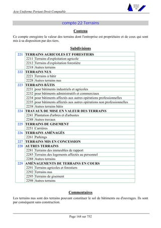 Acte Uniforme Portant Droit Comptable 
Page 168 sur 752 
NOUVELLES 
METHODES 
SARL 
compte 22 Terrains 
Contenu 
Ce compte enregistre la valeur des terrains dont l'entreprise est propriétaire et de ceux qui sont 
mis à sa disposition par des tiers. 
Subdivisions 
TERRAINS AGRICOLES ET FORESTIERS 
2211 Terrains d'exploitation agricole 
2212 Terrains d'exploitation forestière 
221 
2218 Autres terrains 
TERRAINS NUS 
2221 Terrains à bâtir 
222 
2228 Autres terrains nus 
TERRAINS BÂTIS 
2231 pour bâtiments industriels et agricoles 
2232 pour bâtiments administratifs et commerciaux 
2234 pour bâtiments affectés aux autres opérations professionnelles 
2235 pour bâtiments affectés aux autres opérations non professionnelles 
223 
2238 Autres terrains bâtis 
TRAVAUX DE MISE EN VALEUR DES TERRAINS 
2241 Plantation d'arbres et d'arbustes 
224 
2248 Autres travaux 
225 TERRAINS DE GISEMENT 
2251 Carrières 
226 TERRAINS AMÉNAGÉS 
2261 Parkings 
227 TERRAINS MIS EN CONCESSION 
AUTRES TERRAINS 
2281 Terrains des immeubles de rapport 
2285 Terrains des logements affectés au personnel 
228 
2288 Autres terrains 
AMÉNAGEMENTS DE TERRAINS EN COURS 
2291 Terrains agricoles et forestiers 
2292 Terrains nus 
2295 Terrains de gisement 
229 
2298 Autres terrains 
Commentaires 
Les terrains nus sont des terrains pouvant constituer le sol de bâtiments ou d'ouvrages. Ils sont 
par conséquent sans construction. 
 