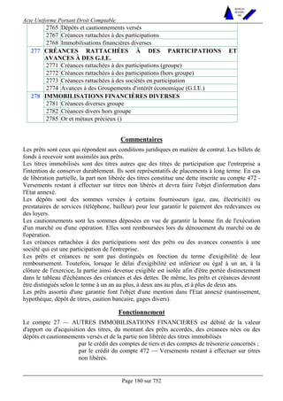 Acte Uniforme Portant Droit Comptable 
Page 180 sur 752 
NOUVELLES 
METHODES 
SARL 
2765 Dépôts et cautionnements versés 
2767 Créances rattachées à des participations 
2768 Immobilisations financières diverses 
CRÉANCES RATTACHÉES À DES PARTICIPATIONS ET 
AVANCES À DES G.I.E. 
2771 Créances rattachées à des participations (groupe) 
2772 Créances rattachées à des participations (hors groupe) 
2773 Créances rattachées à des sociétés en participation 
277 
2774 Avances à des Groupements d'intérêt économique (G.I.E.) 
IMMOBILISATIONS FINANCIÈRES DIVERSES 
2781 Créances diverses groupe 
2782 Créances divers hors groupe 
278 
2785 Or et métaux précieux () 
Commentaires 
Les prêts sont ceux qui répondent aux conditions juridiques en matière de contrat. Les billets de 
fonds à recevoir sont assimilés aux prêts. 
Les titres immobilisés sont des titres autres que des titres de participation que l'entreprise a 
l'intention de conserver durablement. Ils sont représentatifs de placements à long terme. En cas 
de libération partielle, la part non libérée des titres constitue une dette inscrite au compte 472 - 
Versements restant à effectuer sur titres non libérés et devra faire l'objet d'information dans 
l'Etat annexé. 
Les dépôts sont des sommes versées à certains fournisseurs (gaz, eau, électricité) ou 
prestataires de services (téléphone, bailleur) pour leur garantir le paiement des redevances ou 
des loyers. 
Les cautionnements sont les sommes déposées en vue de garantir la bonne fin de l'exécution 
d'un marché ou d'une opération. Elles sont remboursées lors du dénouement du marché ou de 
l'opération. 
Les créances rattachées à des participations sont des prêts ou des avances consentis à une 
société qui est une participation de l'entreprise. 
Les prêts et créances ne sont pas distingués en fonction du terme d'exigibilité de leur 
remboursement. Toutefois, lorsque le délai d'exigibilité est inférieur ou égal à un an, à la 
clôture de l'exercice, la partie ainsi devenue exigible est isolée afin d'être portée distinctement 
dans le tableau d'échéances des créances et des dettes. De même, les prêts et créances devront 
être distingués selon le terme à un an au plus, à deux ans au plus, et à plus de deux ans. 
Les prêts assortis d'une garantie font l'objet d'une mention dans l'Etat annexé (nantissement, 
hypothèque, dépôt de titres, caution bancaire, gages divers). 
Fonctionnement 
Le compte 27 — AUTRES IMMOBILISATIONS FINANCIERES est débité de la valeur 
d'apport ou d'acquisition des titres, du montant des prêts accordés, des créances nées ou des 
dépôts et cautionnements versés et de la partie non libérée des titres immobilisés 
par le crédit des comptes de tiers et des comptes de trésorerie concernés ; 
par le crédit du compte 472 — Versements restant à effectuer sur titres 
non libérés. 
 