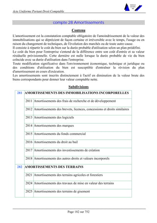 Acte Uniforme Portant Droit Comptable 
Page 182 sur 752 
NOUVELLES 
METHODES 
SARL 
compte 28 Amortissements 
Contenu 
L'amortissement est la constatation comptable obligatoire de l'amoindrissement de la valeur des 
immobilisations qui se déprécient de façon certaine et irréversible avec le temps, l'usage ou en 
raison du changement de techniques, de l'évolution des marchés ou de toute autre cause. 
Il consiste à répartir le coût du bien sur la durée probable d'utilisation selon un plan prédéfini. 
Le coût du bien pour l'entreprise s'entend de la différence entre son coût d'entrée et sa valeur 
résiduelle prévisionnelle. Cette dernière est nulle lorsque la durée probable de vie du bien 
coïncide avec sa durée d'utilisation dans l'entreprise. 
Toute modification significative dans l'environnement économique, technique et juridique ou 
des conditions d'utilisation du bien est susceptible d'entraîner la révision du plan 
d'amortissement en cours d'exécution. 
Les amortissements sont inscrits distinctement à l'actif en diminution de la valeur brute des 
biens correspondants pour donner leur valeur comptable nette. 
Subdivisions 
AMORTISSEMENTS DES IMMOBILISATIONS INCORPORELLES 
2811 Amortissements des frais de recherche et de développement 
2812 Amortissements des brevets, licences, concessions et droits similaires 
2813 Amortissements des logiciels 
2814 Amortissements des marques 
2815 Amortissements du fonds commercial 
2816 Amortissements du droit au bail 
2817 Amortissements des investissements de création 
281 
2818 Amortissements des autres droits et valeurs incorporels 
AMORTISSEMENTS DES TERRAINS 
2821 Amortissements des terrains agricoles et forestiers 
2824 Amortissements des travaux de mise en valeur des terrains 
282 
2825 Amortissements des terrains de gisement 
 