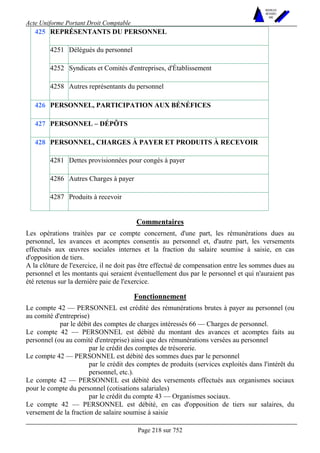 Acte Uniforme Portant Droit Comptable 
Page 218 sur 752 
NOUVELLES 
METHODES 
SARL 
REPRÉSENTANTS DU PERSONNEL 
4251 Délégués du personnel 
4252 Syndicats et Comités d'entreprises, d'Établissement 
425 
4258 Autres représentants du personnel 
426 PERSONNEL, PARTICIPATION AUX BÉNÉFICES 
427 PERSONNEL – DÉPÔTS 
PERSONNEL, CHARGES À PAYER ET PRODUITS À RECEVOIR 
4281 Dettes provisionnées pour congés à payer 
4286 Autres Charges à payer 
428 
4287 Produits à recevoir 
Commentaires 
Les opérations traitées par ce compte concernent, d'une part, les rémunérations dues au 
personnel, les avances et acomptes consentis au personnel et, d'autre part, les versements 
effectués aux oeuvres sociales internes et la fraction du salaire soumise à saisie, en cas 
d'opposition de tiers. 
A la clôture de l'exercice, il ne doit pas être effectué de compensation entre les sommes dues au 
personnel et les montants qui seraient éventuellement dus par le personnel et qui n'auraient pas 
été retenus sur la dernière paie de l'exercice. 
Fonctionnement 
Le compte 42 — PERSONNEL est crédité des rémunérations brutes à payer au personnel (ou 
au comité d'entreprise) 
par le débit des comptes de charges intéressés 66 — Charges de personnel. 
Le compte 42 — PERSONNEL est débité du montant des avances et acomptes faits au 
personnel (ou au comité d'entreprise) ainsi que des rémunérations versées au personnel 
par le crédit des comptes de trésorerie. 
Le compte 42 — PERSONNEL est débité des sommes dues par le personnel 
par le crédit des comptes de produits (services exploités dans l'intérêt du 
personnel, etc.). 
Le compte 42 — PERSONNEL est débité des versements effectués aux organismes sociaux 
pour le compte du personnel (cotisations salariales) 
par le crédit du compte 43 — Organismes sociaux. 
Le compte 42 — PERSONNEL est débité, en cas d'opposition de tiers sur salaires, du 
versement de la fraction de salaire soumise à saisie 
 