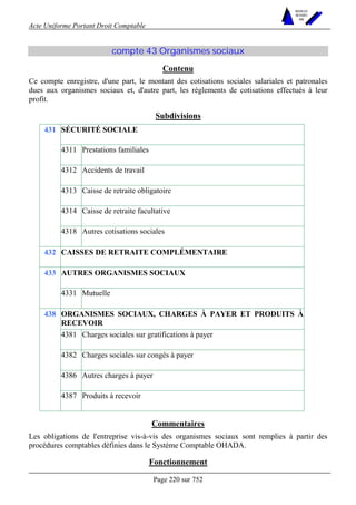 Acte Uniforme Portant Droit Comptable 
Page 220 sur 752 
NOUVELLES 
METHODES 
SARL 
compte 43 Organismes sociaux 
Contenu 
Ce compte enregistre, d'une part, le montant des cotisations sociales salariales et patronales 
dues aux organismes sociaux et, d'autre part, les règlements de cotisations effectués à leur 
profit. 
Subdivisions 
SÉCURITÉ SOCIALE 
4311 Prestations familiales 
4312 Accidents de travail 
4313 Caisse de retraite obligatoire 
4314 Caisse de retraite facultative 
431 
4318 Autres cotisations sociales 
432 CAISSES DE RETRAITE COMPLÉMENTAIRE 
433 AUTRES ORGANISMES SOCIAUX 
4331 Mutuelle 
ORGANISMES SOCIAUX, CHARGES À PAYER ET PRODUITS À 
RECEVOIR 
4381 Charges sociales sur gratifications à payer 
4382 Charges sociales sur congés à payer 
4386 Autres charges à payer 
438 
4387 Produits à recevoir 
Commentaires 
Les obligations de l'entreprise vis-à-vis des organismes sociaux sont remplies à partir des 
procédures comptables définies dans le Système Comptable OHADA. 
Fonctionnement 
 