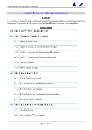 Acte Uniforme Portant Droit Comptable 
Page 222 sur 752 
NOUVELLES 
METHODES 
SARL 
compte 44 Etat et Collectivités publiques 
Contenu 
Les opérations à inscrire à ce compte concernent d'une manière générale les opérations qui sont 
faites avec l'Etat et avec les diverses collectivités publiques en tant que pouvoirs publics. 
Subdivisions 
441 ÉTAT, IMPÔT SUR LES BÉNÉFICES 
ÉTAT, AUTRES IMPÔTS ET TAXES 
4421 Impôts et taxes d'Etat 
4422 Impôts et taxes pour les collectivités publiques 
4423 Impôts et taxes recouvrables sur des obligataires 
4424 Impôts et taxes recouvrables sur des associés 
4426 Droits de douane 
442 
4428 Autres impôts et taxes 
ÉTAT, T.V.A. FACTURÉE 
4431 T.V.A. facturée sur ventes 
4432 T.V.A. facturée sur prestations de services 
4433 T.V.A. facturée sur travaux 
4334 T.V.A. facturée sur production livrée à soi-même 
443 
4335 T.V.A. sur factures à établir 
ÉTAT, T.V.A. DUE OU CRÉDIT DE T.V.A. 
4441 État, T.V.A. due 
444 
4449 État, crédit de T.V.A. à reporter 
 