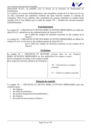 Acte Uniforme Portant Droit Comptable 
Page 235 sur 752 
NOUVELLES 
METHODES 
SARL 
financement H.A.O., en parallèle avec le besoin ou la ressource de financement de 
l'exploitation. 
Les créances sur cessions d'immobilisations sont considérées comme H.A.O. dans tous les cas 
où elles concernent des opérations n'entrant pas dans l'activité normale et courante de 
l'entreprise. Dans le cas contraire, elles constituent des créances rattachées au compte Client 
(compte 414) et sont débitées par le crédit du compte 754 — Produits des cessions courantes 
d'immobilisations. 
Fonctionnement 
Le compte 48 — CREANCES ET DETTES HORS ACTIVITES ORDINAIRES est crédité des 
dettes H.A.O. contractées ou des remboursements de créances H.A.O. 
par le débit des comptes de trésorerie concernés ou des comptes de la 
classe 8. 
Le compte 48 — CREANCES ET DETTES HORS ACTIVITES ORDINAIRES est débité des 
créances H.A.O. sur les tiers ou des remboursements de dettes H.A.O. 
par le crédit des comptes de trésorerie concernés ou des comptes de la 
classe 8. 
Exclusions 
Il convient dans les cas d'espèce 
d'utiliser les comptes ci-après : 
40 — Fournisseurs et comptes 
rattachés 
Le compte 48 — CREANCES ET DETTES 
HORS ACTIVITES ORDINAIRES ne doit pas 
servir à enregistrer les dettes ou les créances ayant 
pour origine les activités ordinaires de l'entreprise 
41 — Clients et comptes rattachés 
Eléments de contrôle 
Le compte 48 — CREANCES ET DETTES HORS ACTIVITES ORDINAIRES peut être 
contrôlé à partir : 
• des chèques ; 
• des effets de commerce ; 
• des contrats d'acquisition d'immobilisations ; 
• des factures ; 
• des ordres de mouvements en Bourse. 
 