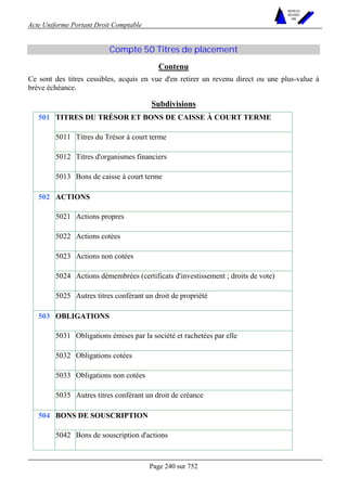 Acte Uniforme Portant Droit Comptable 
Page 240 sur 752 
NOUVELLES 
METHODES 
SARL 
Compte 50 Titres de placement 
Contenu 
Ce sont des titres cessibles, acquis en vue d'en retirer un revenu direct ou une plus-value à 
brève échéance. 
Subdivisions 
TITRES DU TRÉSOR ET BONS DE CAISSE À COURT TERME 
5011 Titres du Trésor à court terme 
5012 Titres d'organismes financiers 
501 
5013 Bons de caisse à court terme 
ACTIONS 
5021 Actions propres 
5022 Actions cotées 
5023 Actions non cotées 
5024 Actions démembrées (certificats d'investissement ; droits de vote) 
502 
5025 Autres titres conférant un droit de propriété 
OBLIGATIONS 
5031 Obligations émises par la société et rachetées par elle 
5032 Obligations cotées 
5033 Obligations non cotées 
503 
5035 Autres titres conférant un droit de créance 
504 BONS DE SOUSCRIPTION 
5042 Bons de souscription d'actions 
 