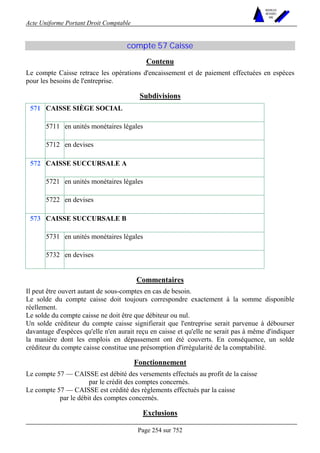 Acte Uniforme Portant Droit Comptable 
Page 254 sur 752 
NOUVELLES 
METHODES 
SARL 
compte 57 Caisse 
Contenu 
Le compte Caisse retrace les opérations d'encaissement et de paiement effectuées en espèces 
pour les besoins de l'entreprise. 
Subdivisions 
CAISSE SIÈGE SOCIAL 
5711 en unités monétaires légales 
571 
5712 en devises 
CAISSE SUCCURSALE A 
5721 en unités monétaires légales 
572 
5722 en devises 
CAISSE SUCCURSALE B 
5731 en unités monétaires légales 
573 
5732 en devises 
Commentaires 
Il peut être ouvert autant de sous-comptes en cas de besoin. 
Le solde du compte caisse doit toujours correspondre exactement à la somme disponible 
réellement. 
Le solde du compte caisse ne doit être que débiteur ou nul. 
Un solde créditeur du compte caisse signifierait que l'entreprise serait parvenue à débourser 
davantage d'espèces qu'elle n'en aurait reçu en caisse et qu'elle ne serait pas à même d'indiquer 
la manière dont les emplois en dépassement ont été couverts. En conséquence, un solde 
créditeur du compte caisse constitue une présomption d'irrégularité de la comptabilité. 
Fonctionnement 
Le compte 57 — CAISSE est débité des versements effectués au profit de la caisse 
par le crédit des comptes concernés. 
Le compte 57 — CAISSE est crédité des règlements effectués par la caisse 
par le débit des comptes concernés. 
Exclusions 
 