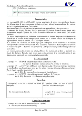 Acte Uniforme Portant Droit Comptable 
Page 263 sur 752 
NOUVELLES 
METHODES 
SARL 
6083 Emballages à usage mixte 
6089 Rabais, Remises et Ristournes obtenus (non ventilés) 
Commentaires 
Les comptes 601, 602, 604, 605 et 608, comme les comptes de stocks correspondants, donnent 
lieu à l'ouverture de sous-comptes de produits regroupés suivant la nomenclature des biens et 
services en usage dans chaque Etat - partie. 
Sous cette réserve, les entreprises peuvent choisir une nomenclature à leur convenance. 
Le montant des factures d'achat à inscrire au compte 60 s'entend, le cas échéant, net de taxes 
récupérables, auquel s'ajoutent les droits de douane afférents aux biens acquis (prix rendu 
frontière). 
Les achats sont comptabilisés, déduction faite des rabais et remises, imputés directement sur le 
montant de la facture. Même lorsqu'ils sont déduits sur la facture d'achat, les escomptes de 
règlement sont portés au compte 773 — Escomptes obtenus. 
A la clôture de l'exercice, les biens reçus par l'entreprise, avant réception de la facture 
correspondante, sont néanmoins inscrits dans les achats, par le crédit d'un compte divisionnaire 
de fournisseurs (408 — Factures non parvenues). Cette précaution a pour but de ne pas fausser 
les résultats. 
Les remises, rabais et ristournes sur achats, obtenus des fournisseurs et dont le montant, non 
déduit des factures d'achats, n'est connu que postérieurement à la comptabilisation de ces 
factures, sont enregistrés aux comptes d'achats concernés. 
Fonctionnement 
Le compte 60 — ACHATS est débité du montant des factures d'achat 
par le crédit du compte fournisseur ou d'un compte de trésorerie. 
Le compte 60 — ACHATS est crédité, en cours d'exercice, des retours de matières, fournitures 
et marchandises aux fournisseurs ainsi que les rabais, remises, ristournes obtenus par facture 
d'avoir (après première facturation) 
par le débit des comptes fournisseurs ou de tiers intéressés. 
Le compte 60 — ACHATS est crédité pour solde à la clôture de l'exercice 
par le débit du compte 13 — Résultat net de l'exercice. 
Exclusions 
Le compte 60 — ACHATS ne doit pas servir à 
enregistrer : 
Il convient dans les cas d'espèce 
d'utiliser les comptes ci-après : 
les frais accessoires d'achats comptes de la classe 6 correspondant 
à leur nature 
Eléments de contrôle 
Le compte 60 — ACHATS peut être contrôlé à partir : 
• des factures et avoirs fournisseurs ; 
 