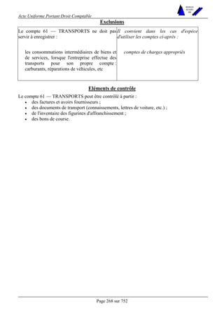 Acte Uniforme Portant Droit Comptable 
Page 268 sur 752 
NOUVELLES 
METHODES 
SARL 
Exclusions 
Le compte 61 — TRANSPORTS ne doit pas 
servir à enregistrer : 
Il convient dans les cas d'espèce 
d'utiliser les comptes ci-après : 
les consommations intermédiaires de biens et 
de services, lorsque l'entreprise effectue des 
transports pour son propre compte : 
carburants, réparations de véhicules, etc 
comptes de charges appropriés 
Eléments de contrôle 
Le compte 61 — TRANSPORTS peut être contrôlé à partir : 
• des factures et avoirs fournisseurs ; 
• des documents de transport (connaissements, lettres de voiture, etc.) ; 
• de l'inventaire des figurines d'affranchissement ; 
• des bons de course. 
 