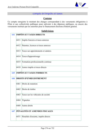 Acte Uniforme Portant Droit Comptable 
Page 274 sur 752 
NOUVELLES 
METHODES 
SARL 
compte 64 Impôts et taxes 
Contenu 
Ce compte enregistre le montant des charges correspondant à des versements obligatoires à 
l'Etat et aux collectivités publiques pour subvenir à des dépenses publiques, ou encore des 
versements institués par les autorités pour le financement d'actions d'intérêt général. 
Subdivisions 
IMPÔTS ET TAXES DIRECTS 
6411 Impôts fonciers et taxes annexes 
6412 Patentes, licences et taxes annexes 
6413 Taxes sur appointements et salaires 
6414 Taxes d'apprentissage 
6415 Formation professionnelle continue 
641 
6418 Autres impôts et taxes directs 
645 IMPÔTS ET TAXES INDIRECTS 
DROITS D'ENREGISTREMENT 
6461 Droits de mutation 
6462 Droits de timbre 
6463 Taxes sur les véhicules de société 
6464 Vignettes 
646 
6468 Autres droits 
647 PÉNALITÉS ET AMENDES FISCALES 
6471 Pénalités d'assiette, impôts directs 
 