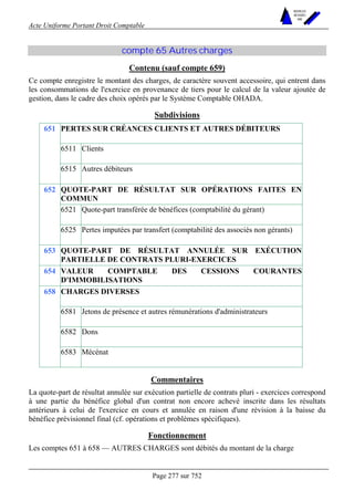 Acte Uniforme Portant Droit Comptable 
Page 277 sur 752 
NOUVELLES 
METHODES 
SARL 
compte 65 Autres charges 
Contenu (sauf compte 659) 
Ce compte enregistre le montant des charges, de caractère souvent accessoire, qui entrent dans 
les consommations de l'exercice en provenance de tiers pour le calcul de la valeur ajoutée de 
gestion, dans le cadre des choix opérés par le Système Comptable OHADA. 
Subdivisions 
PERTES SUR CRÉANCES CLIENTS ET AUTRES DÉBITEURS 
6511 Clients 
651 
6515 Autres débiteurs 
QUOTE-PART DE RÉSULTAT SUR OPÉRATIONS FAITES EN 
COMMUN 
6521 Quote-part transférée de bénéfices (comptabilité du gérant) 
652 
6525 Pertes imputées par transfert (comptabilité des associés non gérants) 
653 QUOTE-PART DE RÉSULTAT ANNULÉE SUR EXÉCUTION 
PARTIELLE DE CONTRATS PLURI-EXERCICES 
654 VALEUR COMPTABLE DES CESSIONS COURANTES 
D'IMMOBILISATIONS 
CHARGES DIVERSES 
6581 Jetons de présence et autres rémunérations d'administrateurs 
6582 Dons 
658 
6583 Mécénat 
Commentaires 
La quote-part de résultat annulée sur exécution partielle de contrats pluri - exercices correspond 
à une partie du bénéfice global d'un contrat non encore achevé inscrite dans les résultats 
antérieurs à celui de l'exercice en cours et annulée en raison d'une révision à la baisse du 
bénéfice prévisionnel final (cf. opérations et problèmes spécifiques). 
Fonctionnement 
Les comptes 651 à 658 — AUTRES CHARGES sont débités du montant de la charge 
 