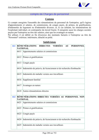 Acte Uniforme Portant Droit Comptable 
Page 280 sur 752 
NOUVELLES 
METHODES 
SARL 
compte 66 Charges de personnel 
Contenu 
Ce compte enregistre l'ensemble des rémunérations du personnel de l'entreprise, qu'il s'agisse 
d'appointements et salaires, de commissions, de congés payés, de primes, de gratifications, 
d'indemnités de logement ou d'indemnités diverses, et, le cas échéant, les rémunérations de 
l'exploitant individuel, en contrepartie du travail fourni. Il enregistre aussi les charges sociales 
payées par l'entreprise au titre des salaires, ainsi que les avantages en nature. 
Par ailleurs il est débité en fin d'exercice des montants facturés à l'entreprise au titre du 
Personnel extérieur, intérimaire, détaché ou prêté. 
Subdivisions 
RÉMUNÉRATIONS DIRECTES VERSÉES AU PERSONNEL 
NATIONAL 
6611 Appointements salaires et commissions 
6612 Primes et gratifications 
6613 Congés payés 
6614 Indemnités de préavis, de licenciement et de recherche d'embauche 
6615 Indemnités de maladie versées aux travailleurs 
6616 Supplément familial 
6617 Avantages en nature 
661 
6618 Autres rémunérations directes 
RÉMUNÉRATIONS DIRECTES VERSÉES AU PERSONNEL NON 
NATIONAL 
6621 Appointements salaires et commissions 
6622 Primes et gratifications 
6623 Congés payés 
6624 Indemnités de préavis, de licenciement et de recherche d'embauche 
662 
6625 Indemnités de maladie versées aux travailleurs 
 