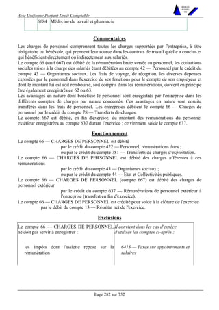 Acte Uniforme Portant Droit Comptable 
Page 282 sur 752 
NOUVELLES 
METHODES 
SARL 
6684 Médecine du travail et pharmacie 
Commentaires 
Les charges de personnel comprennent toutes les charges supportées par l'entreprise, à titre 
obligatoire ou bénévole, qui prennent leur source dans les contrats de travail qu'elle a conclus et 
qui bénéficient directement ou indirectement aux salariés. 
Le compte 66 (sauf 667) est débité de la rémunération brute versée au personnel, les cotisations 
sociales mises à la charge des salariés étant débitées au compte 42 — Personnel par le crédit du 
compte 43 — Organismes sociaux. Les frais de voyage, de réception, les diverses dépenses 
exposées par le personnel dans l'exercice de ses fonctions pour le compte de son employeur et 
dont le montant lui est soit remboursé, soit compris dans les rémunérations, doivent en principe 
être également enregistrés en 62 ou 63. 
Les avantages en nature dont bénéficie le personnel sont enregistrés par l'entreprise dans les 
différents comptes de charges par nature concernés. Ces avantages en nature sont ensuite 
transférés dans les frais de personnel. Les entreprises débitent le compte 66 — Charges de 
personnel par le crédit du compte 78 — Transferts de charges. 
Le compte 667 est débité, en fin d'exercice, du montant des rémunérations du personnel 
extérieur enregistrées au compte 637 durant l'exercice ; ce virement solde le compte 637. 
Fonctionnement 
Le compte 66 — CHARGES DE PERSONNEL est débité 
par le crédit du compte 422 — Personnel, rémunérations dues ; 
ou par le crédit du compte 781 — Transferts de charges d'exploitation. 
Le compte 66 — CHARGES DE PERSONNEL est débité des charges afférentes à ces 
rémunérations 
par le crédit du compte 43 — Organismes sociaux ; 
ou par le crédit du compte 44 — Etat et Collectivités publiques. 
Le compte 66 — CHARGES DE PERSONNEL (compte 667) est débité des charges de 
personnel extérieur 
par le crédit du compte 637 — Rémunérations de personnel extérieur à 
l'entreprise (transfert en fin d'exercice). 
Le compte 66 — CHARGES DE PERSONNEL est crédité pour solde à la clôture de l'exercice 
par le débit du compte 13 — Résultat net de l'exercice. 
Exclusions 
Le compte 66 — CHARGES DE PERSONNEL 
ne doit pas servir à enregistrer : 
Il convient dans les cas d'espèce 
d'utiliser les comptes ci-après : 
les impôts dont l'assiette repose sur la 
rémunération 
6413 — Taxes sur appointements et 
salaires 
 