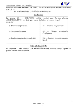 Acte Uniforme Portant Droit Comptable 
Page 289 sur 752 
NOUVELLES 
METHODES 
SARL 
Le compte 68 — DOTATIONS AUX AMORTISSEMENTS est crédité pour solde à la clôture 
de l'exercice 
par le débit du compte 13 — Résultat net de l'exercice. 
Exclusions 
Le compte 68 — DOTATIONS AUX 
AMORTISSEMENTS ne doit pas servir à 
enregistrer : 
Il convient dans les cas d'espèce 
d'utiliser les comptes ci-après : 
les dotations aux provisions 69 — Dotations aux provisions 
les charges provisionnées 659 — Charges provisionnées 
d'exploitation 
les dotations aux amortissements H.A.O. 852 — Dotations aux amortissements 
H.A.O. 
Eléments de contrôle 
Le compte 68 — DOTATIONS AUX AMORTISSEMENTS peut être contrôlé à partir des 
plans et tableaux d'amortissement. 
 