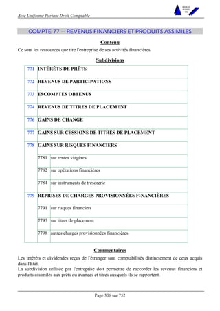 Acte Uniforme Portant Droit Comptable 
Page 306 sur 752 
NOUVELLES 
METHODES 
SARL 
COMPTE 77 — REVENUS FINANCIERS ET PRODUITS ASSIMILES 
Contenu 
Ce sont les ressources que tire l'entreprise de ses activités financières. 
Subdivisions 
771 INTÉRÊTS DE PRÊTS 
772 REVENUS DE PARTICIPATIONS 
773 ESCOMPTES OBTENUS 
774 REVENUS DE TITRES DE PLACEMENT 
776 GAINS DE CHANGE 
777 GAINS SUR CESSIONS DE TITRES DE PLACEMENT 
GAINS SUR RISQUES FINANCIERS 
7781 sur rentes viagères 
7782 sur opérations financières 
778 
7784 sur instruments de trésorerie 
REPRISES DE CHARGES PROVISIONNÉES FINANCIÈRES 
7791 sur risques financiers 
7795 sur titres de placement 
779 
7798 autres charges provisionnées financières 
Commentaires 
Les intérêts et dividendes reçus de l'étranger sont comptabilisés distinctement de ceux acquis 
dans l'Etat. 
La subdivision utilisée par l'entreprise doit permettre de raccorder les revenus financiers et 
produits assimilés aux prêts ou avances et titres auxquels ils se rapportent. 
 