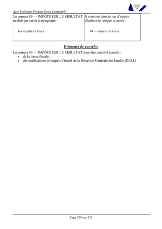 Acte Uniforme Portant Droit Comptable 
Page 329 sur 752 
NOUVELLES 
METHODES 
SARL 
Le compte 89 — IMPÔTS SUR LE RESULTAT 
ne doit pas servir à enregistrer : 
Il convient dans le cas d'espèce 
d'utiliser le compte ci-après : 
les impôts et taxes 64 — Impôts et taxes 
Eléments de contrôle 
Le compte 89 — IMPÔTS SUR LE RESULTAT peut être contrôlé à partir : 
• de la liasse fiscale ; 
• des notifications et rappels d'impôt de la Direction Générale des Impôts (D.G.I.) 
 