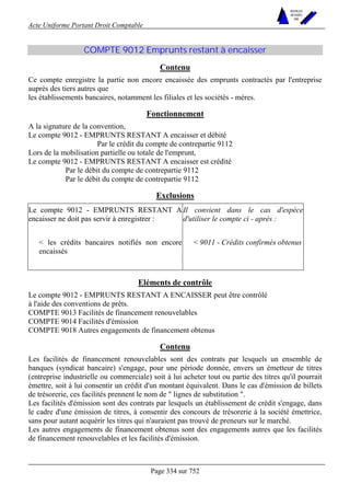 Acte Uniforme Portant Droit Comptable 
Page 334 sur 752 
NOUVELLES 
METHODES 
SARL 
COMPTE 9012 Emprunts restant à encaisser 
Contenu 
Ce compte enregistre la partie non encore encaissée des emprunts contractés par l'entreprise 
auprès des tiers autres que 
les établissements bancaires, notamment les filiales et les sociétés - mères. 
Fonctionnement 
A la signature de la convention, 
Le compte 9012 - EMPRUNTS RESTANT A encaisser et débité 
Par le crédit du compte de contrepartie 9112 
Lors de la mobilisation partielle ou totale de l'emprunt, 
Le compte 9012 - EMPRUNTS RESTANT A encaisser est crédité 
Par le débit du compte de contrepartie 9112 
Par le débit du compte de contrepartie 9112 
Exclusions 
Le compte 9012 - EMPRUNTS RESTANT A 
encaisser ne doit pas servir à enregistrer : 
Il convient dans le cas d'espèce 
d'utiliser le compte ci - après : 
 les crédits bancaires notifiés non encore 
encaissés 
 9011 - Crédits confirmés obtenus 
Eléments de contrôle 
Le compte 9012 - EMPRUNTS RESTANT A ENCAISSER peut être contrôlé 
à l'aide des conventions de prêts. 
COMPTE 9013 Facilités de financement renouvelables 
COMPTE 9014 Facilités d'émission 
COMPTE 9018 Autres engagements de financement obtenus 
Contenu 
Les facilités de financement renouvelables sont des contrats par lesquels un ensemble de 
banques (syndicat bancaire) s'engage, pour une période donnée, envers un émetteur de titres 
(entreprise industrielle ou commerciale) soit à lui acheter tout ou partie des titres qu'il pourrait 
émettre, soit à lui consentir un crédit d'un montant équivalent. Dans le cas d'émission de billets 
de trésorerie, ces facilités prennent le nom de  lignes de substitution . 
Les facilités d'émission sont des contrats par lesquels un établissement de crédit s'engage, dans 
le cadre d'une émission de titres, à consentir des concours de trésorerie à la société émettrice, 
sans pour autant acquérir les titres qui n'auraient pas trouvé de preneurs sur le marché. 
Les autres engagements de financement obtenus sont des engagements autres que les facilités 
de financement renouvelables et les facilités d'émission. 
 