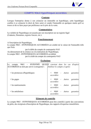 Acte Uniforme Portant Droit Comptable 
Page 350 sur 752 
NOUVELLES 
METHODES 
SARL 
COMPTE 9063 Hypothèques accordées 
Contenu 
Lorsque l'entreprise donne à son créancier un immeuble en hypothèque, cette hypothèque 
confère à ce créancier le droit de faire saisir et vendre l'immeuble en quelques mains qu'il se 
trouve et de se faire payer par préférence sur le prix de la vente. 
Commentaires 
La validité de l'hypothèque est assurée par son inscription sur un registre légal 
(Cadastre, Domaines, registre foncier, etc.). 
Fonctionnement 
A l'inscription de l'hypothèque, 
le compte 9063 - HYPOTHEQUES ACCORDÉES est crédité de la valeur de l'immeuble telle 
que fixée 
par le débit du compte de contrepartie 9163 
Au dénouement de la créance ou à la réalisation de l'hypothèque, 
le compte 9063 - HYPOTHEQUES ACCORDÉES est débité 
par le crédit du compte de contrepartie 9163 
Exclusions 
Le compte 9063 - HYPOTHÔ QUES 
ACCORDÉES ne doit pas servir à enregistrer : 
Il convient dans les cas d'espèce 
d'utiliser le compte ci-après: 
 les promesses d'hypothèques  9068 - Autres garanties 
accordées 
 les gages  9068 - Autres garanties 
accordées 
 les nantissements  9068 - Autres garanties 
accordées 
 les antichrèses  9068 - Autres garanties 
accordées 
Eléments de contrôle 
Le compte 9063 - HYPOTHEQUES ACCORDÉES peut être contrôlé à partir des conventions 
de prêts, des récépissés d'inscription de l'hypothèque, des rapports d'expertise immobilière. 
 