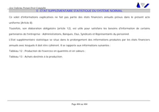 Acte Uniforme Portant Droit Comptable 
Page 404 sur 404 
NOUVELLES 
METHODES 
SARL 
E - ÉTAT SUPPLÉMENTAIRE STATISTIQUE DU SYSTÈME NORMAL 
Ce volet d'informations explicatives ne fait pas partie des états financiers annuels prévus dans le présent acte 
uniforme (Article 8). 
Toutefois, son élaboration obligatoire (article 12), est utile pour satisfaire les besoins d'information de certains 
partenaires de l'entreprise : Administrations, Banques, Elus, Syndicats et Représentants du personnel. 
L'Etat supplémentaire statistique se situe dans le prolongement des informations produites par les états financiers 
annuels avec lesquels il doit être cohérent. Il se rapporte aux informations suivantes : 
Tableau 12 : Production de l'exercice en quantités et en valeurs ; 
Tableau 13 : Achats destinés à la production. 
 