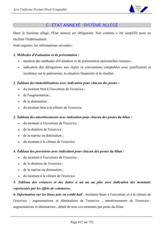 Acte Uniforme Portant Droit Comptable 
Page 412 sur 752 
NOUVELLES 
METHODES 
SARL 
C - ÉTAT ANNEXÉ - SYSTÈME ALLÉGÉ 
Dans le Système allégé, l'État annexé est obligatoire. Son contenu a été simplifié pour en 
faciliter l'établissement. 
Sont requises, les informations suivantes : 
1. Méthodes d'évaluation et de présentation : 
• mention des méthodes d'évaluation et de présentation optionnelles retenues ; 
• indication des dérogations aux règles et conventions comptables avec justification et 
incidence sur le patrimoine, la situation financière et le résultat. 
2. Tableau des immobilisations avec indication pour chacun des postes : 
• du montant brut à l'ouverture de l'exercice ; 
• de l'augmentation ; 
• de la diminution ; 
• du montant brut à la clôture de l'exercice. 
3. Tableau des amortissements avec indication pour chacun des postes du bilan : 
• du montant à l'ouverture de l'exercice ; 
• de la dotation de l'exercice ; 
• de la reprise ou diminution ; 
• du montant à la clôture de l'exercice. 
4. Tableau des provisions avec indication pour chacun des postes du bilan : 
• du montant à l'ouverture de l'exercice ; 
• de la dotation de l'exercice ; 
• de la reprise ou diminution ; 
• du montant à la clôture de l'exercice. 
5. Tableau des créances et des dettes à un an au plus avec indication des montants 
représentés par les effets de commerce. 
6. Information sur les biens pris en crédit-bail : montants bruts à l'ouverture et à la clôture de 
l'exercice ; augmentations et diminutions de l'exercice ; amortissements de l'exercice : 
augmentations et diminutions ; détail de tous ces montants par poste du bilan. 
 
