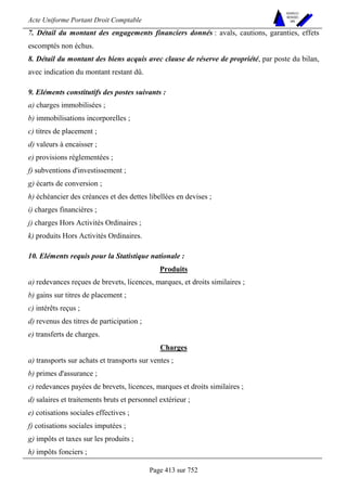 Acte Uniforme Portant Droit Comptable 
Page 413 sur 752 
NOUVELLES 
METHODES 
SARL 
7. Détail du montant des engagements financiers donnés : avals, cautions, garanties, effets 
escomptés non échus. 
8. Détail du montant des biens acquis avec clause de réserve de propriété, par poste du bilan, 
avec indication du montant restant dû. 
9. Eléments constitutifs des postes suivants : 
a) charges immobilisées ; 
b) immobilisations incorporelles ; 
c) titres de placement ; 
d) valeurs à encaisser ; 
e) provisions réglementées ; 
f) subventions d'investissement ; 
g) écarts de conversion ; 
h) échéancier des créances et des dettes libellées en devises ; 
i) charges financières ; 
j) charges Hors Activités Ordinaires ; 
k) produits Hors Activités Ordinaires. 
10. Eléments requis pour la Statistique nationale : 
Produits 
a) redevances reçues de brevets, licences, marques, et droits similaires ; 
b) gains sur titres de placement ; 
c) intérêts reçus ; 
d) revenus des titres de participation ; 
e) transferts de charges. 
Charges 
a) transports sur achats et transports sur ventes ; 
b) primes d'assurance ; 
c) redevances payées de brevets, licences, marques et droits similaires ; 
d) salaires et traitements bruts et personnel extérieur ; 
e) cotisations sociales effectives ; 
f) cotisations sociales imputées ; 
g) impôts et taxes sur les produits ; 
h) impôts fonciers ; 
 