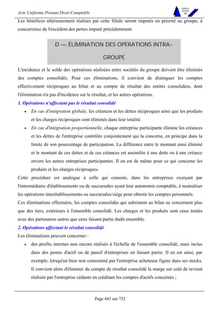 Acte Uniforme Portant Droit Comptable 
Page 441 sur 752 
NOUVELLES 
METHODES 
SARL 
Les bénéfices ultérieurement réalisés par cette filiale seront imputés en priorité au groupe, à 
concurrence de l'excédent des pertes imputé précédemment. 
D — ÉLIMINATION DES OPÉRATIONS INTRA-GROUPE 
L'incidence et le solde des opérations réalisées entre sociétés du groupe doivent être éliminés 
des comptes consolidés. Pour ces éliminations, il convient de distinguer les comptes 
effectivement réciproques au bilan et au compte de résultat des entités consolidées, dont 
l'élimination n'a pas d'incidence sur le résultat, et les autres opérations. 
1. Opérations n'affectant pas le résultat consolidé 
• En cas d'intégration globale, les créances et les dettes réciproques ainsi que les produits 
et les charges réciproques sont éliminés dans leur totalité. 
• En cas d'intégration proportionnelle, chaque entreprise participante élimine les créances 
et les dettes de l'entreprise contrôlée conjointement qui la concerne, en principe dans la 
limite de son pourcentage de participation. La différence entre le montant ainsi éliminé 
et le montant de ces dettes et de ces créances est assimilée à une dette ou à une créance 
envers les autres entreprises participantes. Il en est de même pour ce qui concerne les 
produits et les charges réciproques. 
Cette procédure est analogue à celle qui consiste, dans les entreprises exerçant par 
l'intermédiaire d'établissements ou de succursales ayant leur autonomie comptable, à neutraliser 
les opérations interétablissements ou succursales/siège pour obtenir les comptes personnels. 
Ces éliminations effectuées, les comptes consolidés qui subsistent au bilan ne concernent plus 
que des tiers, extérieurs à l'ensemble consolidé. Les charges et les produits sont ceux traités 
avec des partenaires autres que ceux faisant partie dudit ensemble. 
2. Opérations affectant le résultat consolidé 
Les éliminations peuvent concerner : 
• des profits internes non encore réalisés à l'échelle de l'ensemble consolidé, mais inclus 
dans des postes d'actif ou de passif d'entreprises en faisant partie. Il en est ainsi, par 
exemple, lorsqu'un bien non consommé par l'entreprise acheteuse figure dans ses stocks. 
Il convient alors d'éliminer du compte de résultat consolidé la marge sur coût de revient 
réalisée par l'entreprise cédante en créditant les comptes d'actifs concernés ; 
 