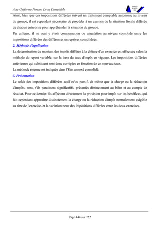 Acte Uniforme Portant Droit Comptable 
Page 444 sur 752 
NOUVELLES 
METHODES 
SARL 
Ainsi, bien que ces impositions différées suivent un traitement comptable autonome au niveau 
du groupe, il est cependant nécessaire de procéder à un examen de la situation fiscale différée 
de chaque entreprise pour appréhender la situation du groupe. 
Par ailleurs, il ne peut y avoir compensation ou annulation au niveau consolidé entre les 
impositions différées des différentes entreprises consolidées. 
2. Méthode d'application 
La détermination du montant des impôts différés à la clôture d'un exercice est effectuée selon la 
méthode du report variable, sur la base du taux d'impôt en vigueur. Les impositions différées 
antérieures qui subsistent sont donc corrigées en fonction de ce nouveau taux. 
La méthode retenue est indiquée dans l'Etat annexé consolidé. 
3. Présentation 
Le solde des impositions différées actif et/ou passif, de même que la charge ou la réduction 
d'impôts, sont, s'ils paraissent significatifs, présentés distinctement au bilan et au compte de 
résultat. Pour ce dernier, ils affectent directement la provision pour impôt sur les bénéfices, qui 
fait cependant apparaître distinctement la charge ou la réduction d'impôt normalement exigible 
au titre de l'exercice, et la variation nette des impositions différées entre les deux exercices. 
 
