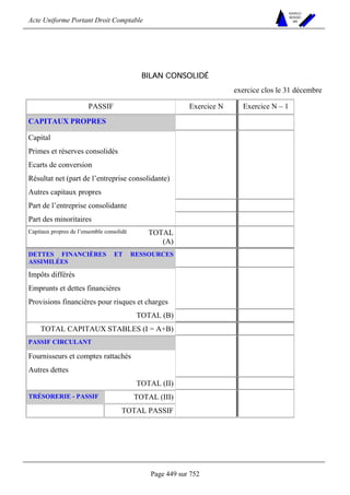 Acte Uniforme Portant Droit Comptable 
Page 449 sur 752 
NOUVELLES 
METHODES 
SARL 
BILAN CONSOLIDÉ 
exercice clos le 31 décembre 
PASSIF Exercice N Exercice N – 1 
CAPITAUX PROPRES 
Capital 
Primes et réserves consolidés 
Ecarts de conversion 
Résultat net (part de l’entreprise consolidante) 
Autres capitaux propres 
Part de l’entreprise consolidante 
Part des minoritaires 
Capitaux propres de l’ensemble consolidé TOTAL 
(A) 
DETTES FINANCIÈRES ET RESSOURCES 
ASSIMILÉES 
Impôts différés 
Emprunts et dettes financières 
Provisions financières pour risques et charges 
TOTAL (B) 
TOTAL CAPITAUX STABLES (I = A+B) 
PASSIF CIRCULANT 
Fournisseurs et comptes rattachés 
Autres dettes 
TOTAL (II) 
TRÉSORERIE - PASSIF TOTAL (III) 
TOTAL PASSIF 
 