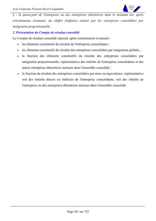 Acte Uniforme Portant Droit Comptable 
Page 451 sur 752 
NOUVELLES 
METHODES 
SARL 
2 - la quote-part de l'entreprise ou des entreprises détentrices dans le montant net, après 
retraitements éventuels, du chiffre d'affaires réalisé par les entreprises consolidées par 
intégration proportionnelle. 
2. Présentation du Compte de résultat consolidé 
Le Compte de résultat consolidé reprend, après retraitements éventuels : 
• les éléments constitutifs du résultat de l'entreprise consolidante ; 
• les éléments constitutifs du résultat des entreprises consolidées par intégration globale ; 
• la fraction des éléments constitutifs du résultat des entreprises consolidées par 
intégration proportionnelle, représentative des intérêts de l'entreprise consolidante et des 
autres entreprises détentrices incluses dans l'ensemble consolidé ; 
• la fraction du résultat des entreprises consolidées par mise en équivalence, représentative 
soit des intérêts directs ou indirects de l'entreprise consolidante, soit des intérêts de 
l'entreprise ou des entreprises détentrices incluses dans l'ensemble consolidé. 
 