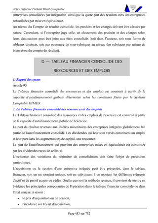 Acte Uniforme Portant Droit Comptable 
Page 453 sur 752 
NOUVELLES 
METHODES 
SARL 
entreprises consolidées par intégration, ainsi que la quote-part des résultats nets des entreprises 
consolidées par mise en équivalence. 
Au niveau du Compte de résultat consolidé, les produits et les charges doivent être classés par 
nature. Cependant, si l’entreprise juge utile, un classement des produits et des charges selon 
leurs destinations peut être joint aux états consolidés (soit dans l’annexe, soit sous forme de 
tableaux distincts, soit par ouverture de sous-rubriques au niveau des rubriques par nature du 
bilan et/ou du compte de résultat). 
D — TABLEAU FINANCIER CONSOLIDÉ DES 
RESSOURCES ET DES EMPLOIS 
1. Rappel des textes 
Article 93 
Le Tableau financier consolidé des ressources et des emplois est construit à partir de la 
capacité d'autofinancement globale déterminée selon les conditions fixées par le Système 
Comptable OHADA. 
2. Le Tableau financier consolidé des ressources et des emplois 
Le Tableau financier consolidé des ressources et des emplois de l'exercice est construit à partir 
de la capacité d'autofinancement globale de l'exercice. 
La part du résultat revenant aux intérêts minoritaires des entreprises intégrées globalement fait 
partie de l'autofinancement consolidé. Les dividendes qui leur sont versés constituent un emploi 
et leur part dans les augmentations de capital, une ressource. 
La part de l'autofinancement qui provient des entreprises mises en équivalence est constituée 
par les dividendes reçus de celles-ci. 
L'incidence des variations du périmètre de consolidation doit faire l'objet de précisions 
particulières. 
L'acquisition ou la cession d'une entreprise intégrée peut être présentée, dans le tableau 
financier, soit en un montant unique, soit en substituant à ce montant les différents éléments 
d'actif et de passif acquis ou cédés. Quelle que soit la méthode retenue, il convient de mettre en 
évidence les principales composantes de l'opération dans le tableau financier consolidé ou dans 
l'Etat annexé, à savoir : 
• le prix d'acquisition ou de cession, 
• l'incidence sur l'écart d'acquisition, 
 
