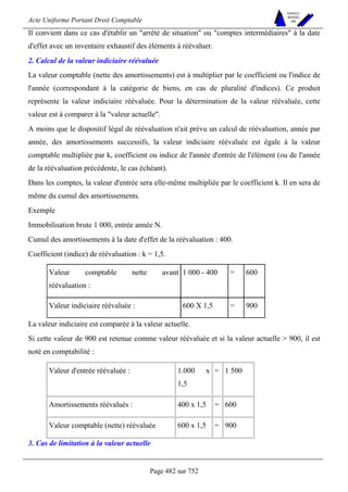 Acte Uniforme Portant Droit Comptable 
Page 482 sur 752 
NOUVELLES 
METHODES 
SARL 
Il convient dans ce cas d'établir un arrêté de situation ou comptes intermédiaires à la date 
d'effet avec un inventaire exhaustif des éléments à réévaluer. 
2. Calcul de la valeur indiciaire réévaluée 
La valeur comptable (nette des amortissements) est à multiplier par le coefficient ou l'indice de 
l'année (correspondant à la catégorie de biens, en cas de pluralité d'indices). Ce produit 
représente la valeur indiciaire réévaluée. Pour la détermination de la valeur réévaluée, cette 
valeur est à comparer à la valeur actuelle. 
A moins que le dispositif légal de réévaluation n'ait prévu un calcul de réévaluation, année par 
année, des amortissements successifs, la valeur indiciaire réévaluée est égale à la valeur 
comptable multipliée par k, coefficient ou indice de l'année d'entrée de l'élément (ou de l'année 
de la réévaluation précédente, le cas échéant). 
Dans les comptes, la valeur d'entrée sera elle-même multipliée par le coefficient k. Il en sera de 
même du cumul des amortissements. 
Exemple 
Immobilisation brute 1 000, entrée année N. 
Cumul des amortissements à la date d'effet de la réévaluation : 400. 
Coefficient (indice) de réévaluation : k = 1,5. 
Valeur comptable nette avant 
réévaluation : 
1 000 - 400 = 600 
Valeur indiciaire réévaluée : 600 X 1,5 = 900 
La valeur indiciaire est comparée à la valeur actuelle. 
Si cette valeur de 900 est retenue comme valeur réévaluée et si la valeur actuelle  900, il est 
noté en comptabilité : 
Valeur d'entrée réévaluée : 1.000 x 
1,5 
= 1 500 
Amortissements réévalués : 400 x 1,5 = 600 
Valeur comptable (nette) réévaluée 600 x 1,5 = 900 
3. Cas de limitation à la valeur actuelle 
 