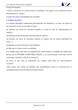 Acte Uniforme Portant Droit Comptable 
Page 504 sur 752 
NOUVELLES 
METHODES 
SARL 
Il s'agit d'enregistrer : 
à l'actif, les biens mis en concession par le concédant, à titre gratuit, avec condition de retour 
(immobilisations ; stocks) ; 
au passif, les droits correspondants du concédant. 
2. Comptes de gestion 
Les charges spécifiques comprennent principalement des dotations et, en outre, des loyers ou 
des redevances versés au concédant. Il s'agit : 
de dotations aux droits du concédant exigibles en nature au titre de l'amortissement de 
caducité ; 
de dotations aux provisions pour amortissements de caducité ; 
de dotations aux droits du concédant exigibles en espèces (cas de clauses spécifiques de 
retour...) ; 
de dotations aux provisions pour renouvellement ; 
de redevances et loyers versés au concédant. 
Ces comptes sont à créer dans la comptabilité du concessionnaire, en addition des subdivisions 
prévues par le SYSTÈME COMPTABLE OHADA, si ce concessionnaire a une autre activité 
économique s'ajoutant à celle de la concession. 
En outre, ils sont créés en substitution des comptes usuels chez les concessionnaires 
exclusifs. 
L'Etat annexé doit fournir la ventilation des immobilisations mises en concession par le 
concédant par poste usuel du bilan du Système normal. 
 