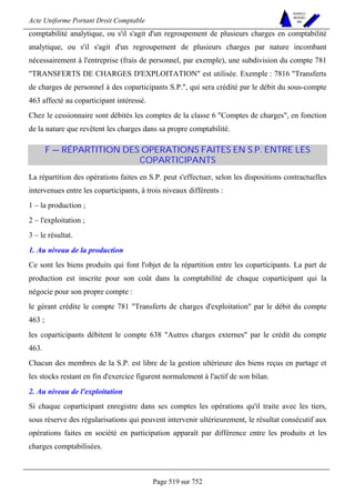Acte Uniforme Portant Droit Comptable 
Page 519 sur 752 
NOUVELLES 
METHODES 
SARL 
comptabilité analytique, ou s'il s'agit d'un regroupement de plusieurs charges en comptabilité 
analytique, ou s'il s'agit d'un regroupement de plusieurs charges par nature incombant 
nécessairement à l'entreprise (frais de personnel, par exemple), une subdivision du compte 781 
TRANSFERTS DE CHARGES D'EXPLOITATION est utilisée. Exemple : 7816 Transferts 
de charges de personnel à des coparticipants S.P., qui sera crédité par le débit du sous-compte 
463 affecté au coparticipant intéressé. 
Chez le cessionnaire sont débités les comptes de la classe 6 Comptes de charges, en fonction 
de la nature que revêtent les charges dans sa propre comptabilité. 
F — RÉPARTITION DES OPERATIONS FAITES EN S.P. ENTRE LES 
COPARTICIPANTS 
La répartition des opérations faites en S.P. peut s'effectuer, selon les dispositions contractuelles 
intervenues entre les coparticipants, à trois niveaux différents : 
1 – la production ; 
2 – l'exploitation ; 
3 – le résultat. 
1. Au niveau de la production 
Ce sont les biens produits qui font l'objet de la répartition entre les coparticipants. La part de 
production est inscrite pour son coût dans la comptabilité de chaque coparticipant qui la 
négocie pour son propre compte : 
le gérant crédite le compte 781 Transferts de charges d'exploitation par le débit du compte 
463 ; 
les coparticipants débitent le compte 638 Autres charges externes par le crédit du compte 
463. 
Chacun des membres de la S.P. est libre de la gestion ultérieure des biens reçus en partage et 
les stocks restant en fin d'exercice figurent normalement à l'actif de son bilan. 
2. Au niveau de l'exploitation 
Si chaque coparticipant enregistre dans ses comptes les opérations qu'il traite avec les tiers, 
sous réserve des régularisations qui peuvent intervenir ultérieurement, le résultat consécutif aux 
opérations faites en société en participation apparaît par différence entre les produits et les 
charges comptabilisées. 
 