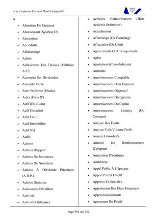 Acte Uniforme Portant Droit Comptable 
Page 582 sur 752 
NOUVELLES 
METHODES 
SARL 
A 
• Abandons De Créances 
• Abonnement (Système D') 
• Absorption 
• Accréditifs 
• Achalandage 
• Achats 
• Achèvement Des Travaux (Méthode 
A L') 
• Acomptes Sur Dividendes 
• Acompte Versé 
• Acte Uniforme (Ohada) 
• Actes (Frais D') 
• Actif (Du Bilan) 
• Actif Circulant 
• Actif Fictif 
• Actif Immobilisé 
• Actif Net 
• Actifs 
• Actions 
• Actions D'apport 
• Actions De Jouissance 
• Actions De Numéraire 
• Actions À Dividende Prioritaire 
(A.D.P.) 
• Actions Gratuites 
• Actionnaire Défaillant 
• Activités 
• Activités Ordinaires 
• Activités Extraordinaires (Hors 
Activités Ordinaires) 
• Actualisation 
• Affacturage (Ou Factoring) 
• Affectation (De Coût) 
• Agencements Et Aménagements 
• Agios 
• Ajustement (Consolidation) 
• Amendes 
• Amortissement Comptable 
• Amortissement D'un Emprunt 
• Amortissement Dégressif 
• Amortissement Dérogatoire 
• Amortissement Du Capital 
• Amortissement Linéaire (Ou 
Constant) 
• Analyse Des Écarts 
• Analyse Coût/Volume/Profit 
• Annexe Consolidée 
• Annuité De Remboursement 
D'emprunt 
• Annulation D'écritures 
• Antichrèse 
• Appel Public À L'épargne 
• Apport Partiel D'actif 
• Apports (En Société) 
• Approbation Des États Financiers 
• Approvisionnements 
• Apurement Du Passif 
 