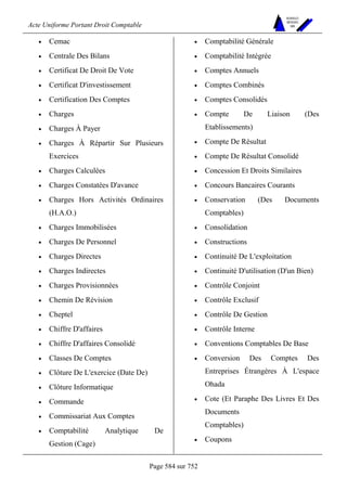 Acte Uniforme Portant Droit Comptable 
Page 584 sur 752 
NOUVELLES 
METHODES 
SARL 
• Cemac 
• Centrale Des Bilans 
• Certificat De Droit De Vote 
• Certificat D'investissement 
• Certification Des Comptes 
• Charges 
• Charges À Payer 
• Charges À Répartir Sur Plusieurs 
Exercices 
• Charges Calculées 
• Charges Constatées D'avance 
• Charges Hors Activités Ordinaires 
(H.A.O.) 
• Charges Immobilisées 
• Charges De Personnel 
• Charges Directes 
• Charges Indirectes 
• Charges Provisionnées 
• Chemin De Révision 
• Cheptel 
• Chiffre D'affaires 
• Chiffre D'affaires Consolidé 
• Classes De Comptes 
• Clôture De L'exercice (Date De) 
• Clôture Informatique 
• Commande 
• Commissariat Aux Comptes 
• Comptabilité Analytique De 
Gestion (Cage) 
• Comptabilité Générale 
• Comptabilité Intégrée 
• Comptes Annuels 
• Comptes Combinés 
• Comptes Consolidés 
• Compte De Liaison (Des 
Etablissements) 
• Compte De Résultat 
• Compte De Résultat Consolidé 
• Concession Et Droits Similaires 
• Concours Bancaires Courants 
• Conservation (Des Documents 
Comptables) 
• Consolidation 
• Constructions 
• Continuité De L'exploitation 
• Continuité D'utilisation (D'un Bien) 
• Contrôle Conjoint 
• Contrôle Exclusif 
• Contrôle De Gestion 
• Contrôle Interne 
• Conventions Comptables De Base 
• Conversion Des Comptes Des 
Entreprises Étrangères À L'espace 
Ohada 
• Cote (Et Paraphe Des Livres Et Des 
Documents 
Comptables) 
• Coupons 
 