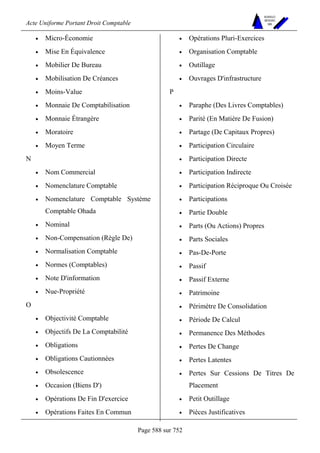 Acte Uniforme Portant Droit Comptable 
Page 588 sur 752 
NOUVELLES 
METHODES 
SARL 
• Micro-Économie 
• Mise En Équivalence 
• Mobilier De Bureau 
• Mobilisation De Créances 
• Moins-Value 
• Monnaie De Comptabilisation 
• Monnaie Étrangère 
• Moratoire 
• Moyen Terme 
N 
• Nom Commercial 
• Nomenclature Comptable 
• Nomenclature Comptable Système 
Comptable Ohada 
• Nominal 
• Non-Compensation (Règle De) 
• Normalisation Comptable 
• Normes (Comptables) 
• Note D'information 
• Nue-Propriété 
O 
• Objectivité Comptable 
• Objectifs De La Comptabilité 
• Obligations 
• Obligations Cautionnées 
• Obsolescence 
• Occasion (Biens D') 
• Opérations De Fin D'exercice 
• Opérations Faites En Commun 
• Opérations Pluri-Exercices 
• Organisation Comptable 
• Outillage 
• Ouvrages D'infrastructure 
P 
• Paraphe (Des Livres Comptables) 
• Parité (En Matière De Fusion) 
• Partage (De Capitaux Propres) 
• Participation Circulaire 
• Participation Directe 
• Participation Indirecte 
• Participation Réciproque Ou Croisée 
• Participations 
• Partie Double 
• Parts (Ou Actions) Propres 
• Parts Sociales 
• Pas-De-Porte 
• Passif 
• Passif Externe 
• Patrimoine 
• Périmètre De Consolidation 
• Période De Calcul 
• Permanence Des Méthodes 
• Pertes De Change 
• Pertes Latentes 
• Pertes Sur Cessions De Titres De 
Placement 
• Petit Outillage 
• Pièces Justificatives 
 