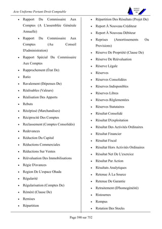 Acte Uniforme Portant Droit Comptable 
Page 590 sur 752 
NOUVELLES 
METHODES 
SARL 
• Rapport Du Commissaire Aux 
Comptes (A L'assemblée Générale 
Annuelle) 
• Rapport Du Commissaire Aux 
Comptes (Au Conseil 
D'administration) 
• Rapport Spécial Du Commissaire 
Aux Comptes 
• Rapprochement (État De) 
• Ratio 
• Ravalement (Dépenses De) 
• Réalisables (Valeurs) 
• Réalisation Des Apports 
• Rebuts 
• Récépissé (Marchandises) 
• Réciprocité Des Comptes 
• Reclassement (Comptes Consolidés) 
• Redevances 
• Réduction Du Capital 
• Réductions Commerciales 
• Réductions Sur Ventes 
• Réévaluation Des Immobilisations 
• Régie D'avances 
• Region De L'espace Ohada 
• Régularité 
• Régularisation (Comptes De) 
• Réméré (Clause De) 
• Remises 
• Répartition 
• Répartition Des Résultats (Projet De) 
• Report À Nouveau Créditeur 
• Report À Nouveau Débiteur 
• Reprises (Amortissements Ou 
Provisions) 
• Réserve De Propriété (Clause De) 
• Réserve De Réévaluation 
• Réserve Légale 
• Réserves 
• Réserves Consolidées 
• Réserves Indisponibles 
• Réserves Libres 
• Réserves Réglementées 
• Réserves Statutaires 
• Résultat Consolidé 
• Résultat D'exploitation 
• Résultat Des Activités Ordinaires 
• Résultat Financier 
• Résultat Fiscal 
• Résultat Hors Activités Ordinaires 
• Résultat Net De L'exercice 
• Résultat Par Action 
• Résultats Analytiques 
• Retenue À La Source 
• Retenue De Garantie 
• Retraitement (D'homogénéité) 
• Ristournes 
• Rompus 
• Rotation Des Stocks 
 