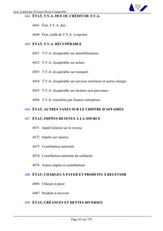 Acte Uniforme Portant Droit Comptable 
Page 85 sur 752 
NOUVELLES 
METHODES 
SARL 
ÉTAT, T.V.A. DUE OU CRÉDIT DE T.V.A. 
4441 État, T.V.A. due 
444 
4449 État, crédit de T.V.A. à reporter 
ÉTAT, T.V.A. RÉCUPÉRABLE 
4451 T.V.A. récupérable sur immobilisations 
4452 T.V.A. récupérable sur achats 
4453 T.V.A. récupérable sur transport 
4454 T.V.A. récupérable sur services extérieurs et autres charges 
4455 T.V.A. récupérable sur factures non parvenues 
445 
4456 T.V.A. transférée par d'autres entreprises 
446 ÉTAT, AUTRES TAXES SUR LE CHIFFRE D'AFFAIRES 
ÉTAT, IMPÔTS RETENUS À LA SOURCE 
4471 Impôt Général sur le revenu 
4472 Impôts sur salaires 
4473 Contribution nationale 
4474 Contribution nationale de solidarité 
447 
4478 Autres impôts et contributions 
ÉTAT, CHARGES À PAYER ET PRODUITS À RECEVOIR 
4486 Charges à payer 
448 
4487 Produits à recevoir 
449 ÉTAT, CRÉANCES ET DETTES DIVERSES 
 