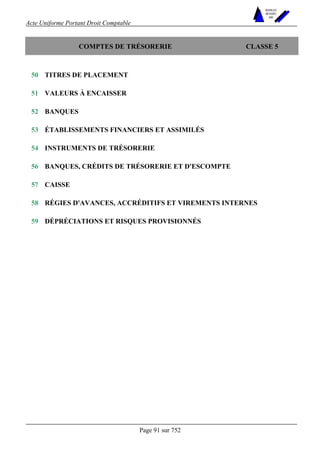Acte Uniforme Portant Droit Comptable 
Page 91 sur 752 
NOUVELLES 
METHODES 
SARL 
COMPTES DE TRÉSORERIE CLASSE 5 
50 TITRES DE PLACEMENT 
51 VALEURS À ENCAISSER 
52 BANQUES 
53 ÉTABLISSEMENTS FINANCIERS ET ASSIMILÉS 
54 INSTRUMENTS DE TRÉSORERIE 
56 BANQUES, CRÉDITS DE TRÉSORERIE ET D'ESCOMPTE 
57 CAISSE 
58 RÉGIES D'AVANCES, ACCRÉDITIFS ET VIREMENTS INTERNES 
59 DÉPRÉCIATIONS ET RISQUES PROVISIONNÉS 
 
