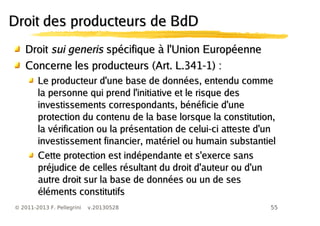 55© 2011-2013 F. Pellegrini v.20130528
Droit des producteurs de BdDDroit des producteurs de BdD
DroitDroit sui generissui generis spécifique à l'Union Européennespécifique à l'Union Européenne
Concerne les producteurs (Art. L.341-1) :Concerne les producteurs (Art. L.341-1) :
Le producteur d'une base de données, entendu commeLe producteur d'une base de données, entendu comme
la personne qui prend l'initiative et le risque desla personne qui prend l'initiative et le risque des
investissements correspondants, bénéficie d'uneinvestissements correspondants, bénéficie d'une
protection du contenu de la base lorsque la constitution,protection du contenu de la base lorsque la constitution,
la vérification ou la présentation de celui-ci atteste d'unla vérification ou la présentation de celui-ci atteste d'un
investissement financier, matériel ou humain substantielinvestissement financier, matériel ou humain substantiel
Cette protection est indépendante et s'exerce sansCette protection est indépendante et s'exerce sans
préjudice de celles résultant du droit d'auteur ou d'unpréjudice de celles résultant du droit d'auteur ou d'un
autre droit sur la base de données ou un de sesautre droit sur la base de données ou un de ses
éléments constitutifséléments constitutifs
 