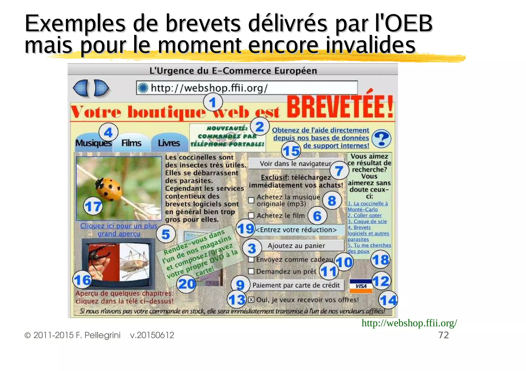 ©2011-2015 F. Pellegrini v.20150612
Exemples de brevets délivrés par l'OEBExemples de brevets délivrés par l'OEB
mais pour le moment encore invalidesmais pour le moment encore invalides
 